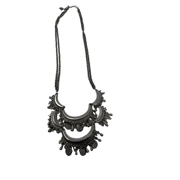 Statement Egyptian Necklace Silver Tone Moon Shaped Stations with Hanging Beads - Picture 5 of 9